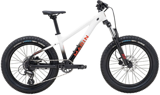A white MARIN San Quentin 20-inch mountain bike with black and red accents on the frame and wheels.